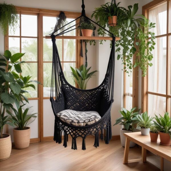 pikaso_reimagine_A-black-macrame-hammock-chair-hanging-from-a-woode